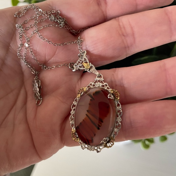 Vtg Art Deco Era Dendritic Moss Agate Two Tone Sterling Silver Lavalier Necklace - Picture 3 of 6